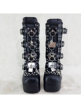 Demonia Charade Mace Charms Platform Chunky Heel Goth Mid Calf Boots